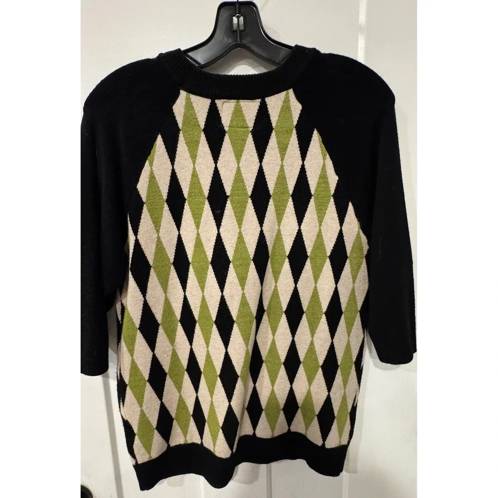 The Oblong Box Shop Black Cat Argyle Sweater XL Green Black Retro Rockabilly